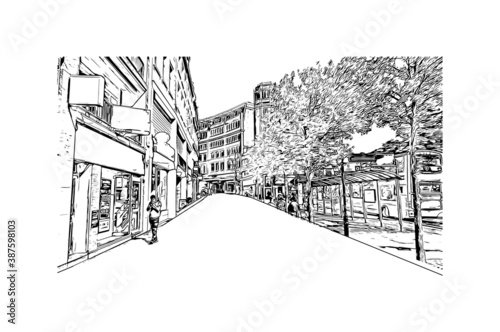 Building view with landmark of Bournemouth is a coastal resort town on the south coast of England. Hand drawn sketch illustration in vector.