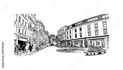 Building view with landmark of Bournemouth is a coastal resort town on the south coast of England. Hand drawn sketch illustration in vector.