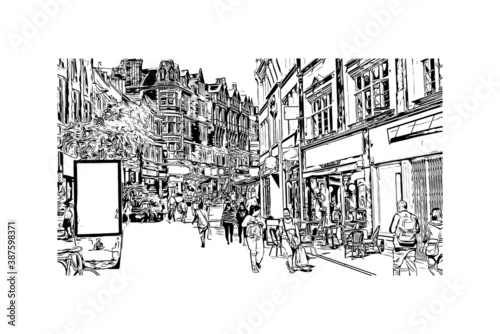 Building view with landmark of Bournemouth is a coastal resort town on the south coast of England. Hand drawn sketch illustration in vector.