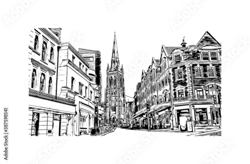 Building view with landmark of Bournemouth is a coastal resort town on the south coast of England. Hand drawn sketch illustration in vector.