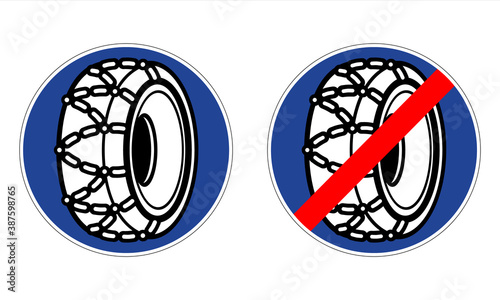 Snow chains obligatory road sign. Obligation and end of obligation to put on snow chains traffic sign. Vector illustration of blue circular mandatory signs used in winter. Beware of ice on the road.