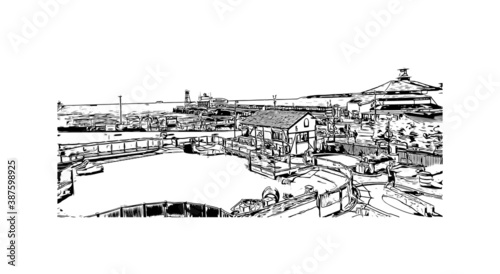 Building view with landmark of Bournemouth is a coastal resort town on the south coast of England. Hand drawn sketch illustration in vector.