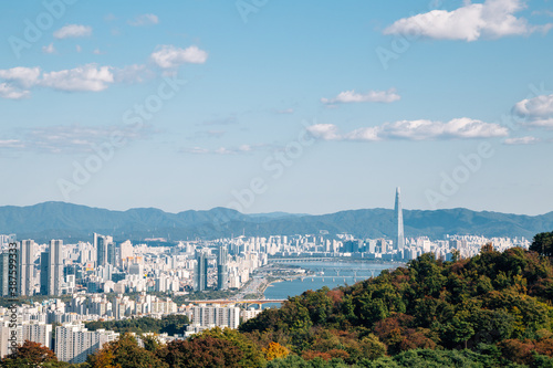 Photography Panoramic view of Seoul city and mountains from Namsan tower in Seoul, Korea