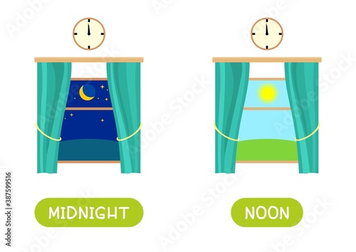 MIDNIGHT and NOON antonyms word card vector template. Flashcard for english language learning. Opposites concept. Day outside the window, night outside.