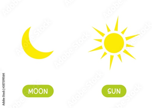 MOON and SUN antonyms word card vector template. Flashcard for english language learning. Opposites concept.