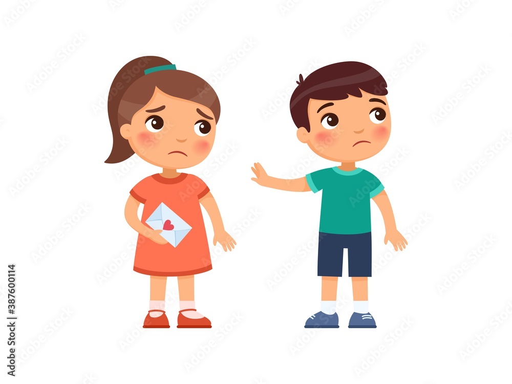 A little girl gives the boy a love letter and is rejected. First love concept. Child psychology. Broken heart. Cartoon characters. Flat vector illustration.