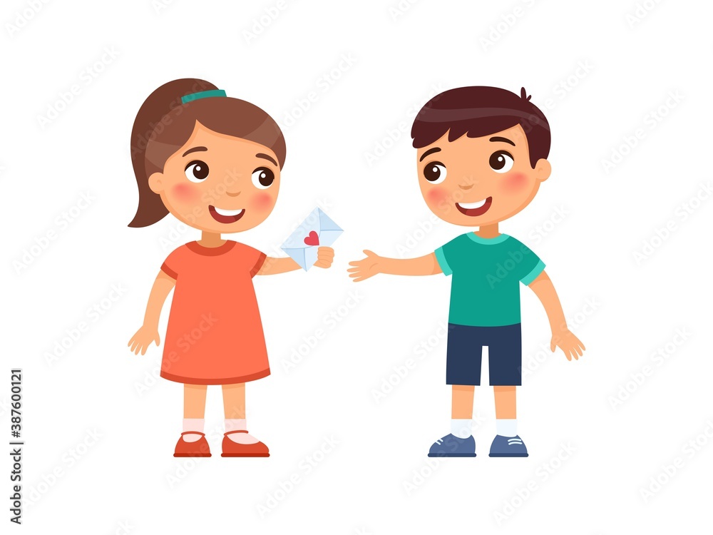 Little boy and girl exchange valentines. First love concept. Valentine's Day at school or kindergarten. Child psychology. Cartoon characters. Flat vector illustration.