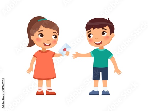Little boy and girl exchange valentines. First love concept. Valentine's Day at school or kindergarten. Child psychology. Cartoon characters. Flat vector illustration.