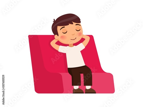 The little boy in suit closed his eyes and sits on a red chair with his hands behind his head. Rest and relaxation concept. Cartoon character. Flat vector illustration.