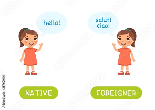 NATIVE and FOREIGNER antonyms word card vector template. Flashcard for english language learning. Opposites concept. Little girl greets in English, the child speaks a foreign language.