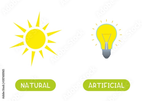 NATURAL and ARTIFICIAL antonyms word card vector template. Flashcard for english language learning. Opposites concept. Sun and light bulb.