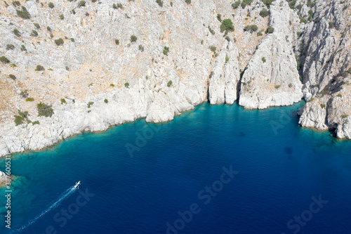Aerial view of limestone rocky coastline along Bozburun Peninsula Marmaris Turkey.