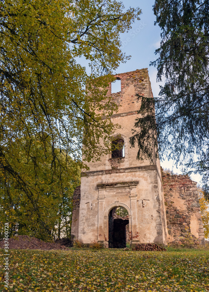 landscape with old church ruins, ruins overgrown with bushes and grass, autumn time, Ergeme Evangelical Lutheran Church was one of the most beautiful churches in Latvia