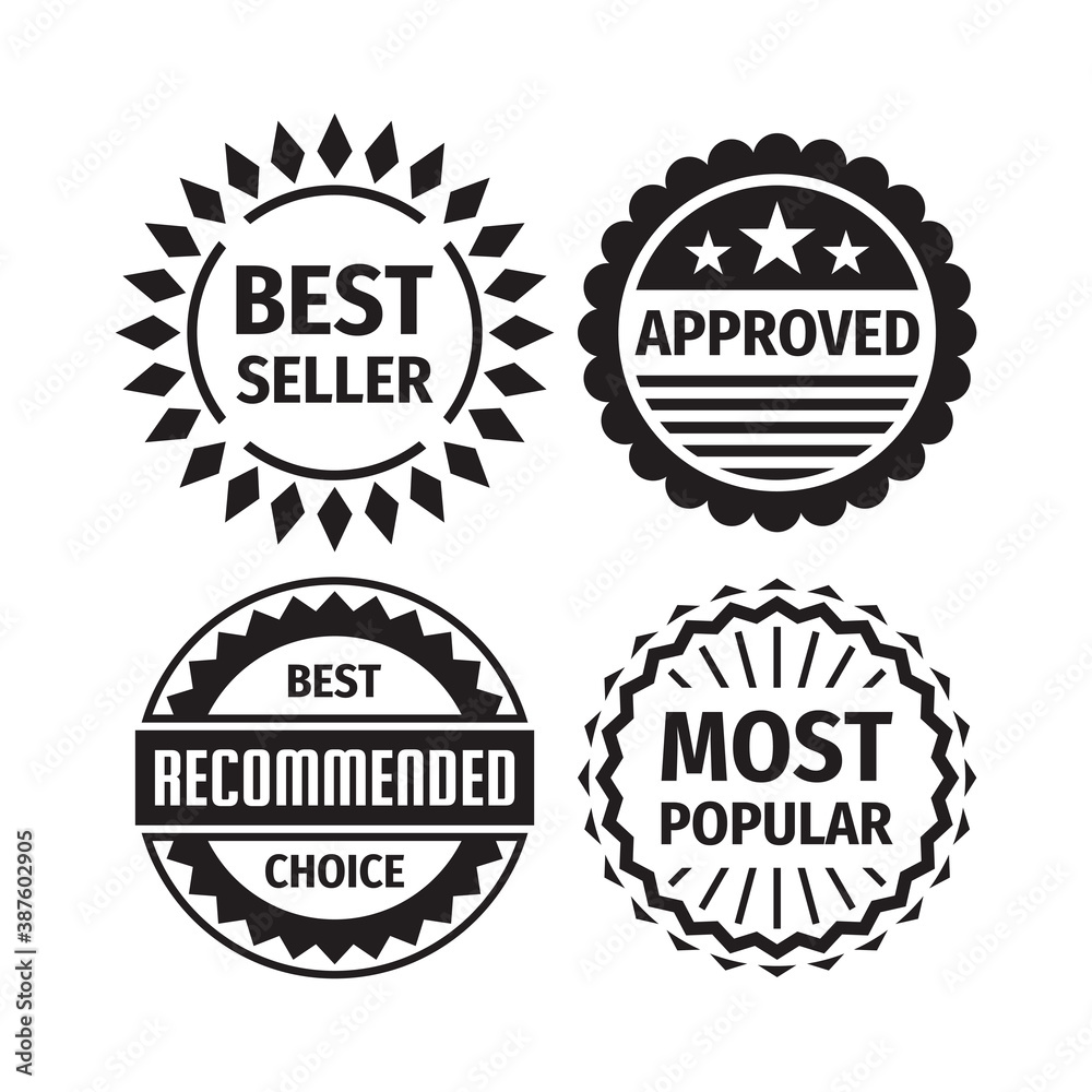 Badge set - best seller, approved, best choice recommended, most popular. Concept business logo emblem sticker collection. Monochrome black color. Vector illustration. 