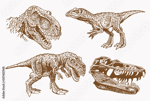 Sepia set of dinosaurs, retro background, vector illustratio