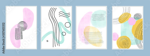 set of four abstract paintings in a Scandinavian minimalist style on a white background