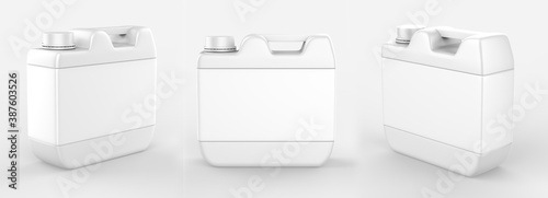 Plastic Jerrycan Oil, Cleanser, Detergent, Abstergent, Liquid Soap, Milk, Juice isolated On White Background. 3d illustration