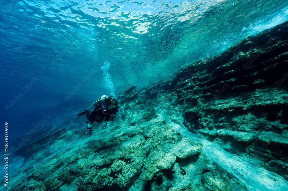 Scenic view of limestone layers of faultline underwater, Gokova Bay Turkey