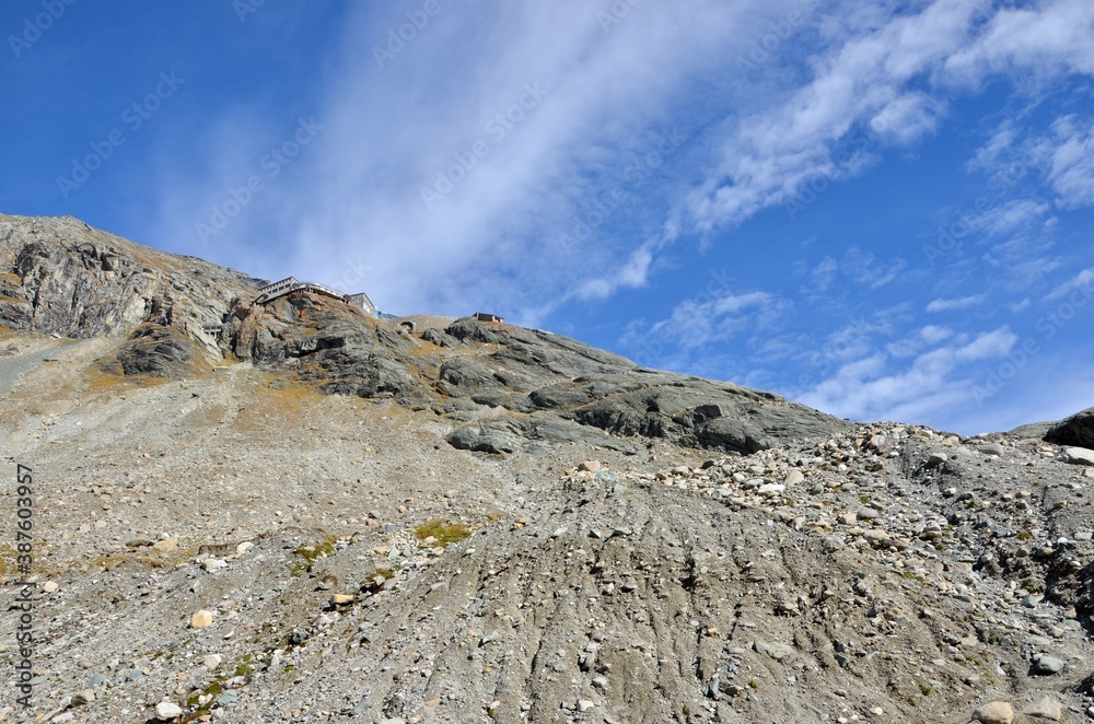 Grossglocker mountain range and pass road in Austria, glacier lake, autumn landscape