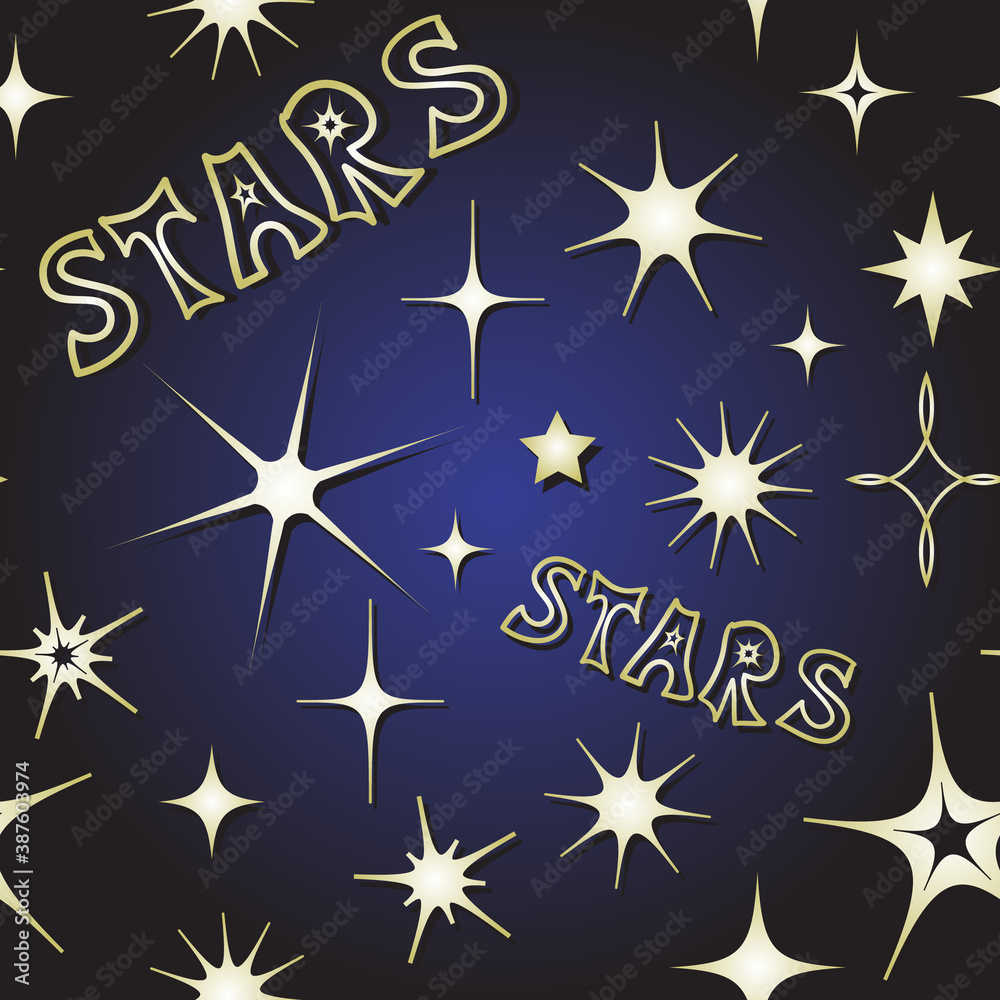 Vector seamless pattern with sparkle lights stars. Stars with rays, explosion, fireworks.
