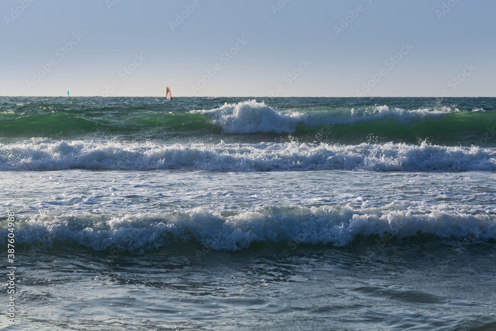 Sea Waves. Beautiful Sea landscape. Idea for wallpaper, postcard, poster design, banner, copy space for your text, close up. waves on the beach