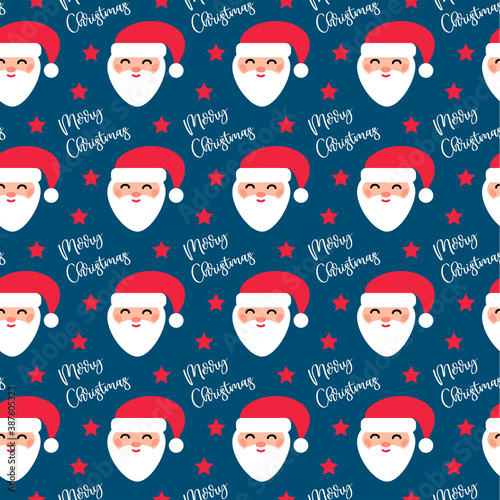 Merry Christmas and Happy New Year seamless pattern. Xmas wrapping paper, postcard. Vector illustration of Santa, candy cane, bow, text