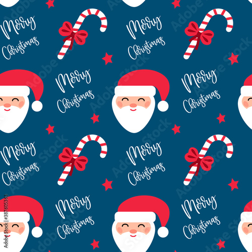 Merry Christmas and Happy New Year seamless pattern. Xmas wrapping paper, postcard. Vector illustration of Santa, candy cane, bow, text
