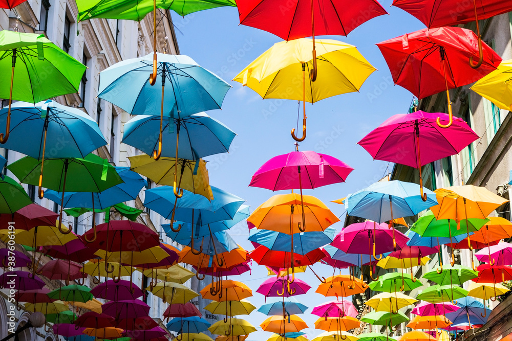 Colorful umbrellas, Alba Iulia street in Timisoara, Romania.