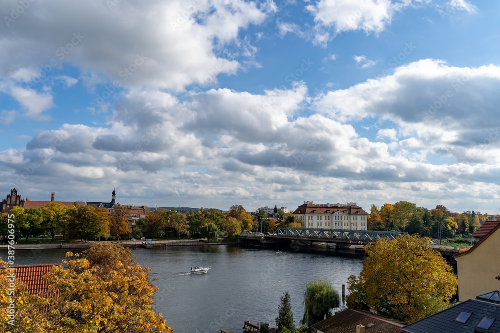 Obraz premium Berlin Germany district Köpenick old city castle palace aerial view of river bridge sunny fall day clouds