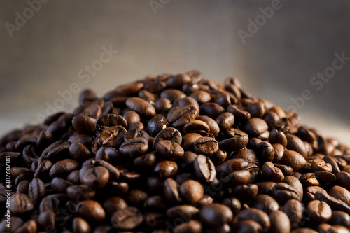 Sprinkled coffee beans on the table