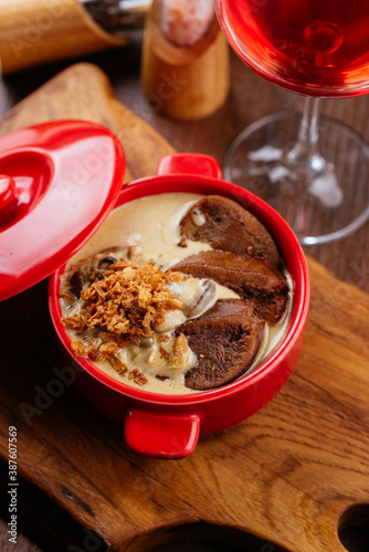 Photography potato cream soup and fried meat