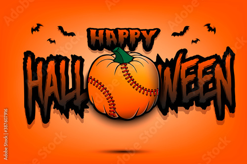 Happy Halloween. Template baseball design. Baseball ball in the form of a pumpkin on an isolated background. Pattern for banner, poster, greeting card, flyer, party invitation. Vector illustration