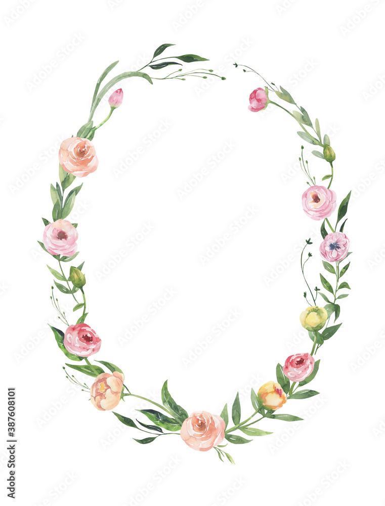 Obraz premium Watercolor floral illustration - leaves and branches frame with flowers and leaves for wedding stationary, greetings, wallpapers, background. Roses, green leaves. High quality illustration