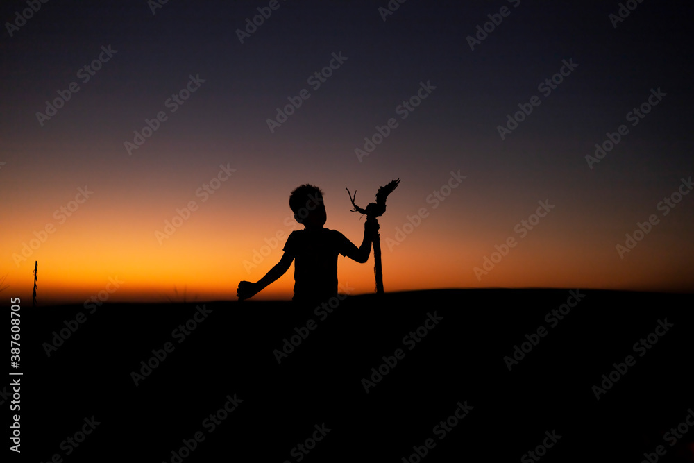 The silhouette of a young boy in the desert sunset