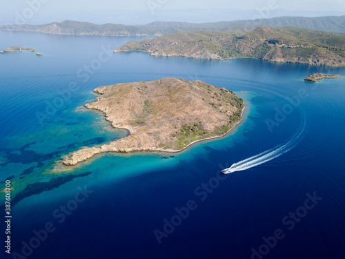 Aerial view of Seven Islands Gokova Bay Special Environment Protected Area Marmaris Turkey