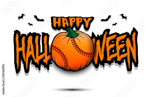 Happy Halloween. Template baseball design. Baseball ball in the form of a pumpkin on an isolated background. Pattern for banner, poster, greeting card, flyer, party invitation. Vector illustration