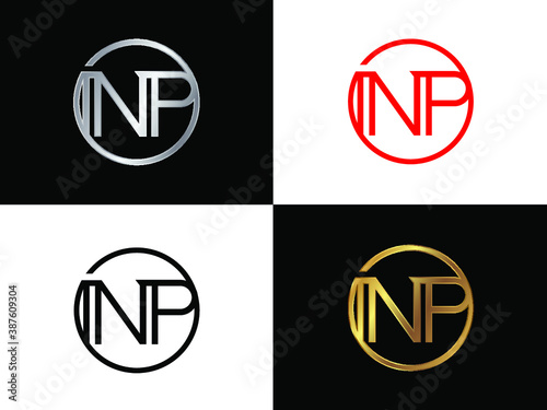 np  Letter logo in circle shape gold and silver colored geometric ornaments. Vector design template elements for your business