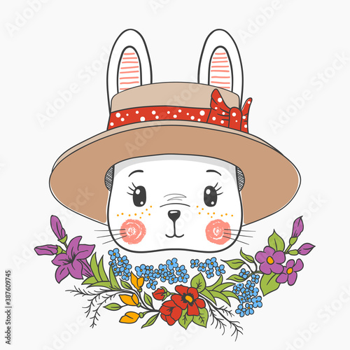 Cute rabbit baby girl with hat, flowers. Vector illustration for print on t-shirt and other uses