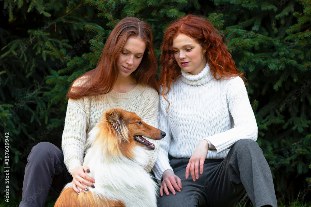Two red-haired, ginger women, sisters with their collie dog. Lesbian couple  girls Stock Photo | Adobe Stock
