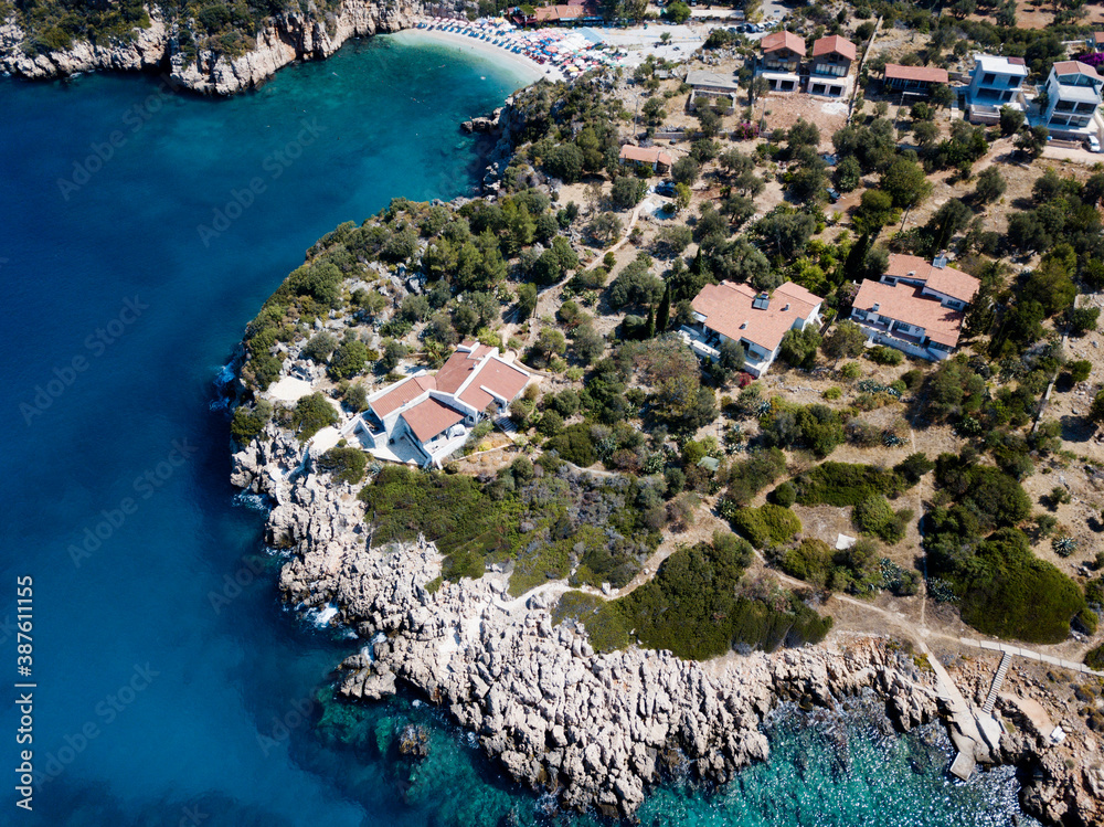 Aerial view of Kas Buyuk Cakil Beach and coastline, Kas Antalya Turkey