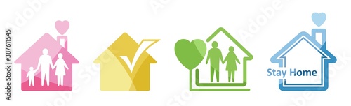 Stay home. Icon set. Colorful silhouettes of houses and people. Symbols calling to stay at home during pandemic. Isolation as prevention of coronavirus and other infectious and viral diseases. Vector 