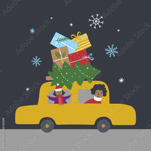 Christmas vector illustration. Cute Christmas card with car, people, decorative fir tree and gifts. Funny winter holidays card