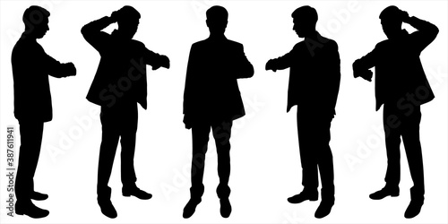 Businessman stands still and looks at watch. Man in a business suit stands in different poses. Side view, profile, full face. Business team. Five black male silhouettes isolated on white background.