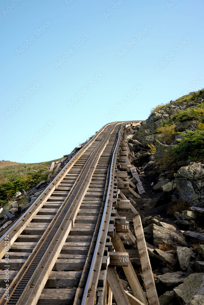 Cog railway track disappearing into the distance over the top of Mount Washington Cog railway track disappearing into the distance over the top of Mount Washington