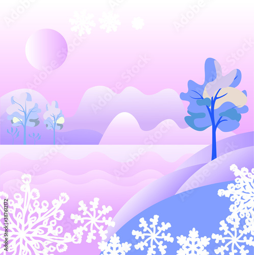 Landscape with snow. Vector illustration of winter. Vector illustration for wallpaper  card decoration banners. 