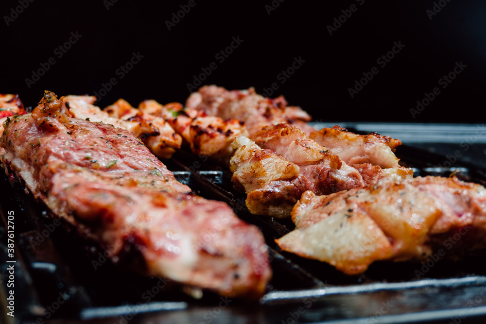 Selective focus. Skewer of chicken with pieces of red and green peppers, pork rib in a barbecue. Food. Life Style.