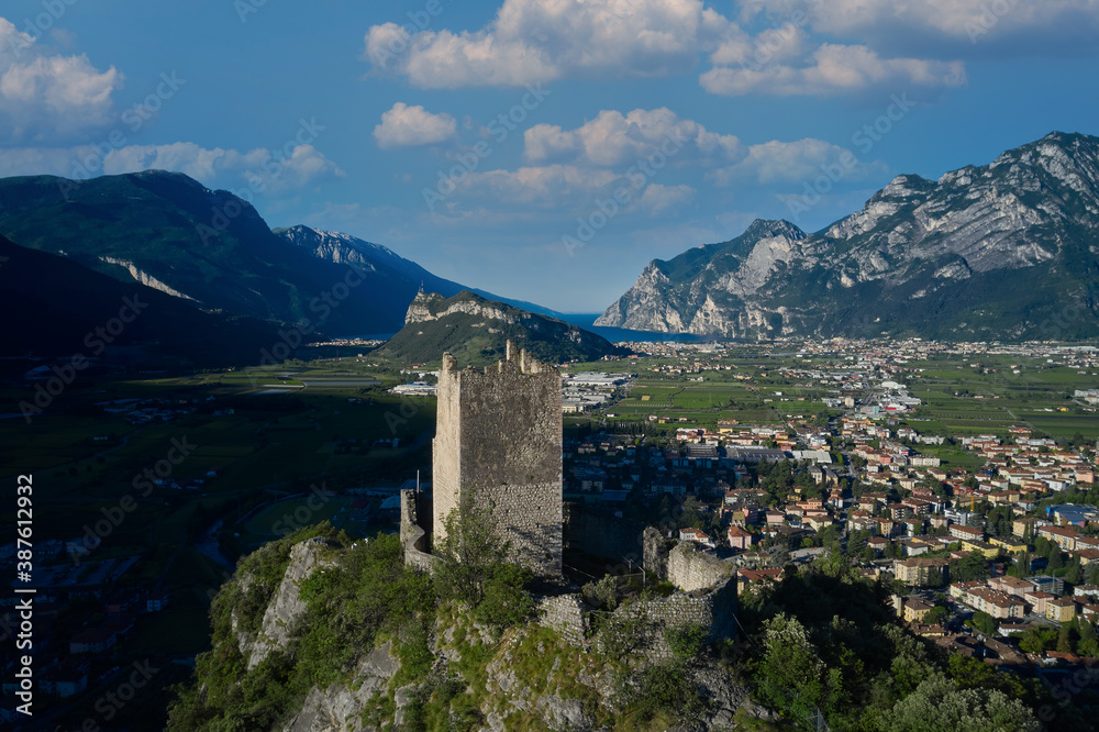 Aerial view Riva del Garda. Arco Medieval Castle on the top of the rock. Arco Medieval castle, Trentino, Italy.