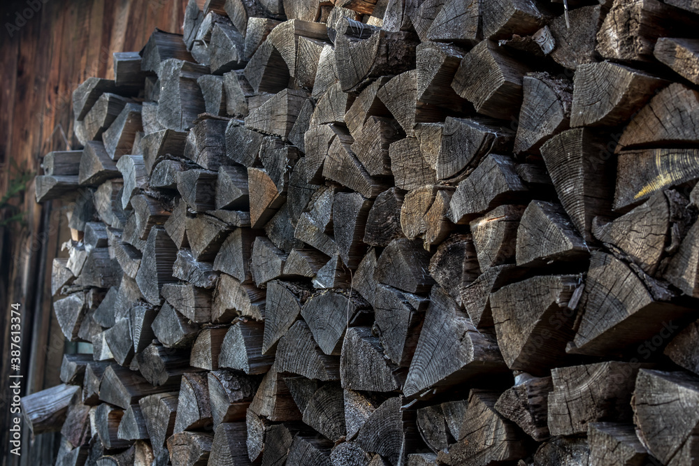 A pile of firewood piled up outside the house A pile of firewood piled up outside the house