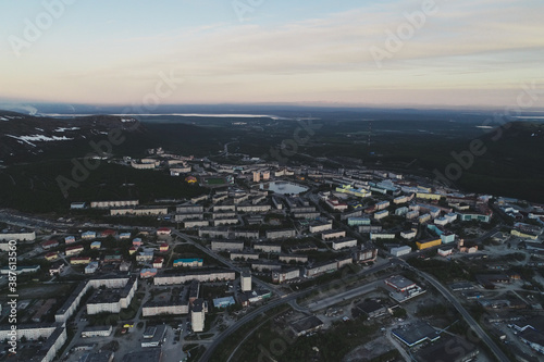 Aerial Townscape of Kirovsk Town located in Northwestern Russia on the Kola Peninsula photo