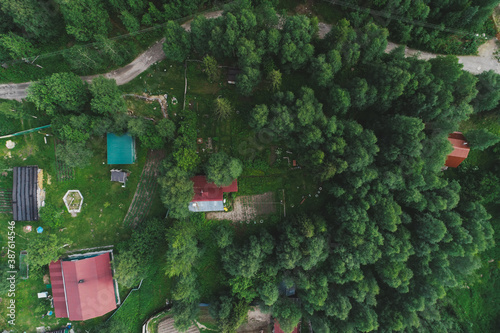 Aerial Townscape of Suburban Village Kolvica located in Northwestern Russia on the Kola Peninsula Kandalaksha Area